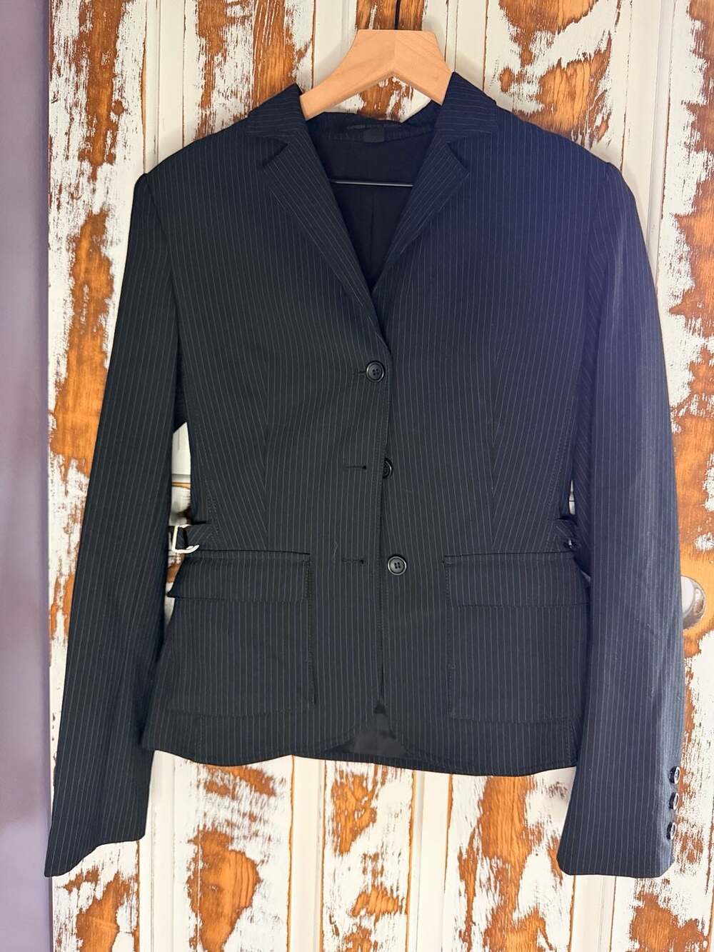 Express Design Studio Black & Blue Pinstripe Blazer Y2K Office Minimalist Chic